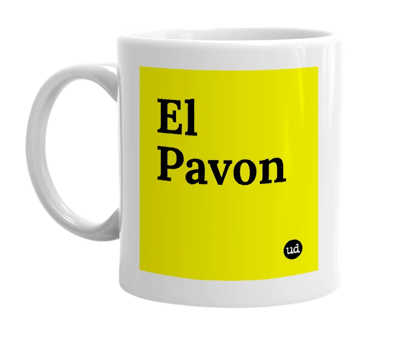 White mug with 'El Pavon' in bold black letters