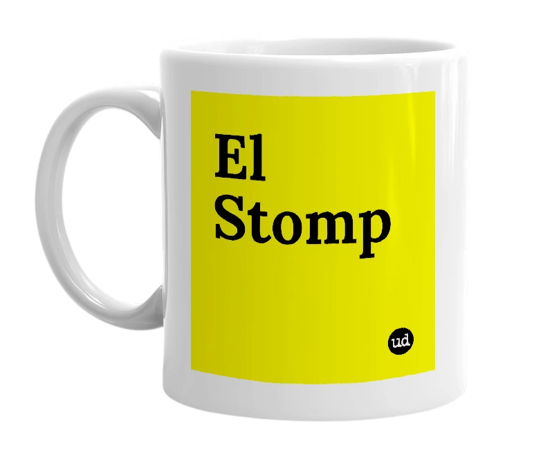 White mug with 'El Stomp' in bold black letters