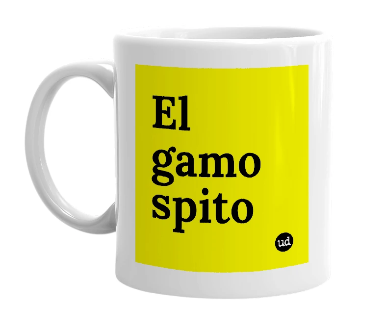 White mug with 'El gamo spito' in bold black letters