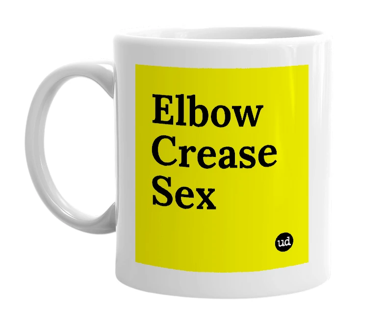 White mug with 'Elbow Crease Sex' in bold black letters