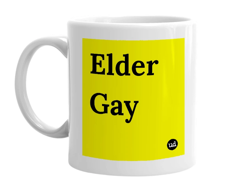 White mug with 'Elder Gay' in bold black letters