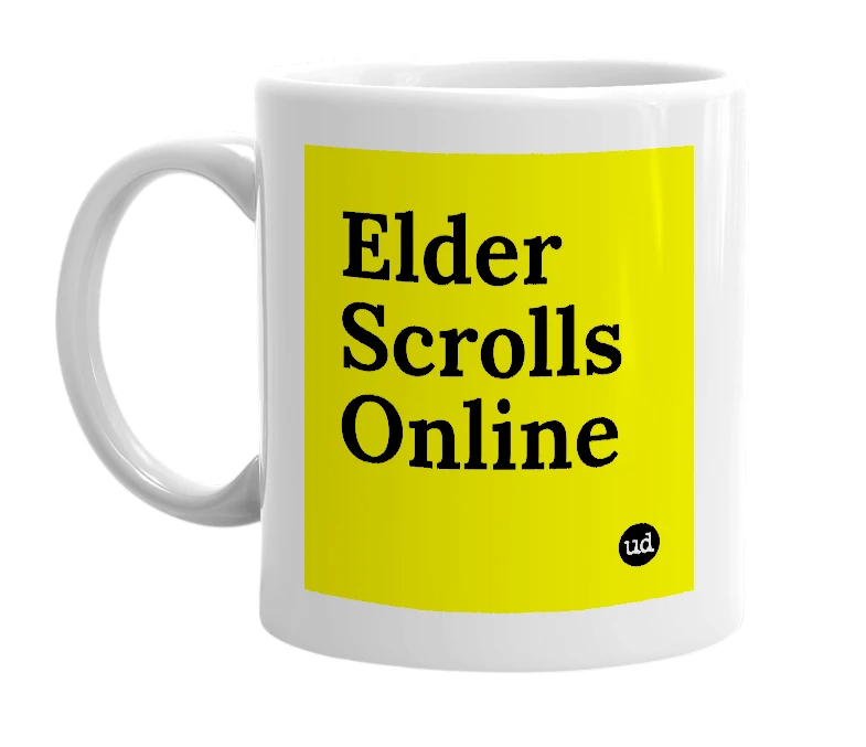 White mug with 'Elder Scrolls Online' in bold black letters