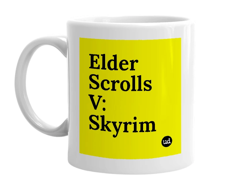 White mug with 'Elder Scrolls V: Skyrim' in bold black letters