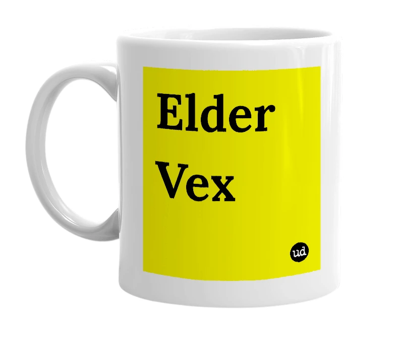 White mug with 'Elder Vex' in bold black letters