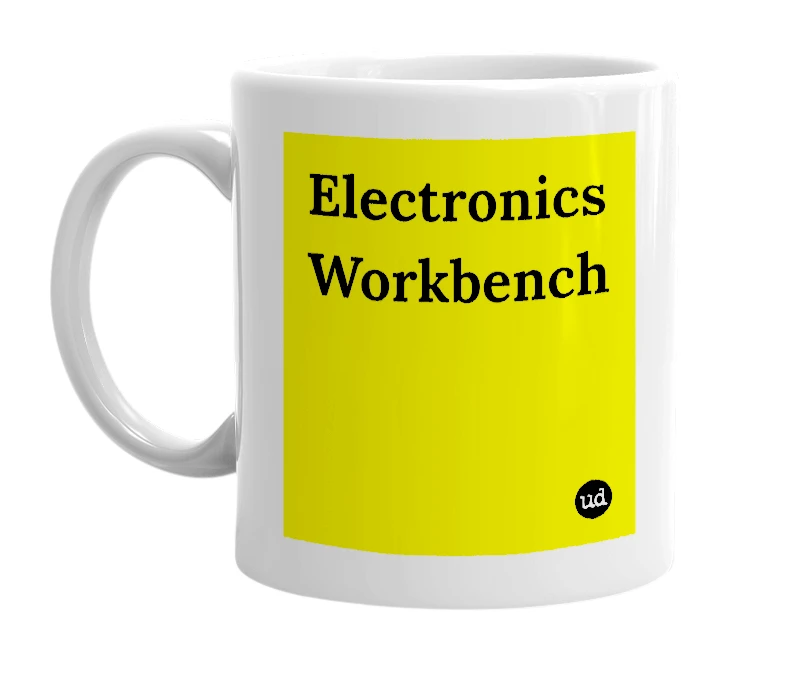 White mug with 'Electronics Workbench' in bold black letters