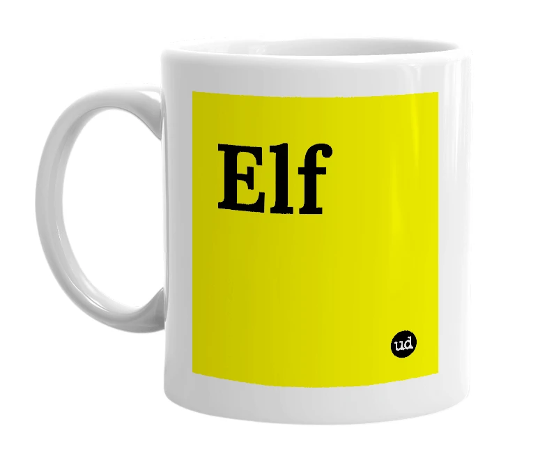 White mug with 'Elf' in bold black letters