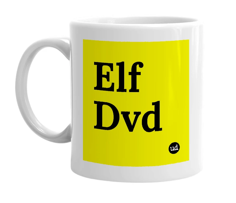 White mug with 'Elf Dvd' in bold black letters