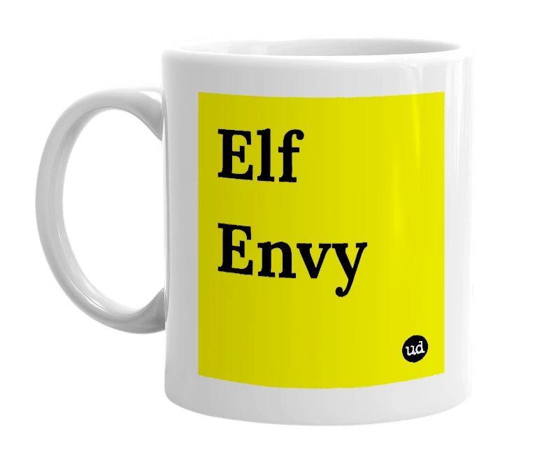 White mug with 'Elf Envy' in bold black letters