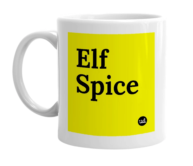 White mug with 'Elf Spice' in bold black letters