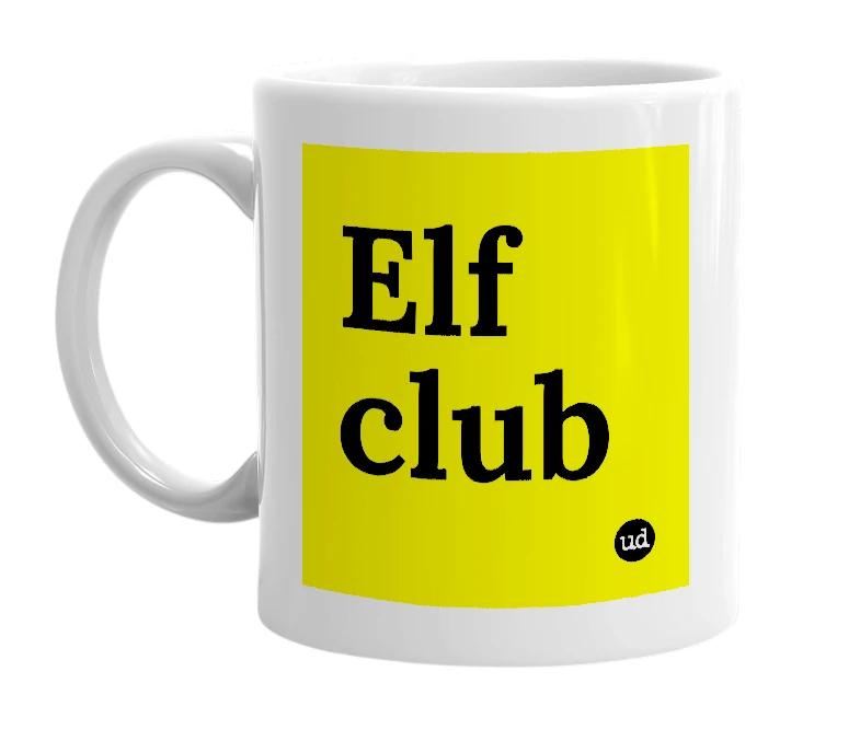 White mug with 'Elf club' in bold black letters