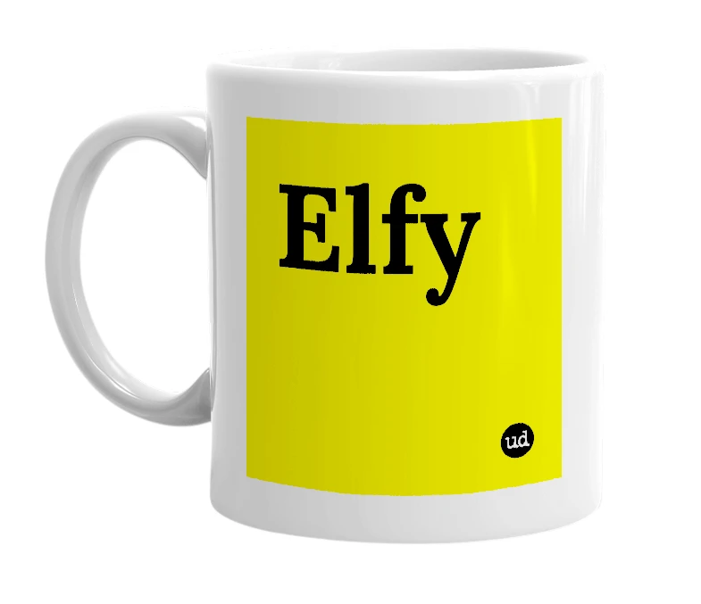 White mug with 'Elfy' in bold black letters