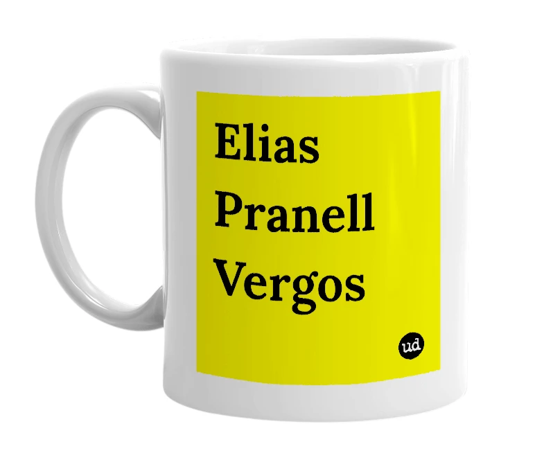 White mug with 'Elias Pranell Vergos' in bold black letters