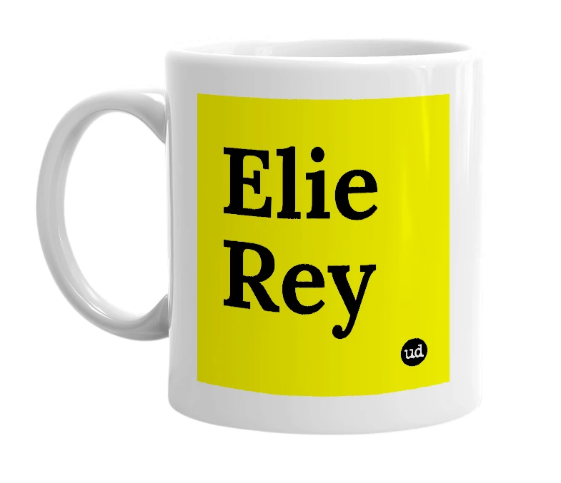 White mug with 'Elie Rey' in bold black letters