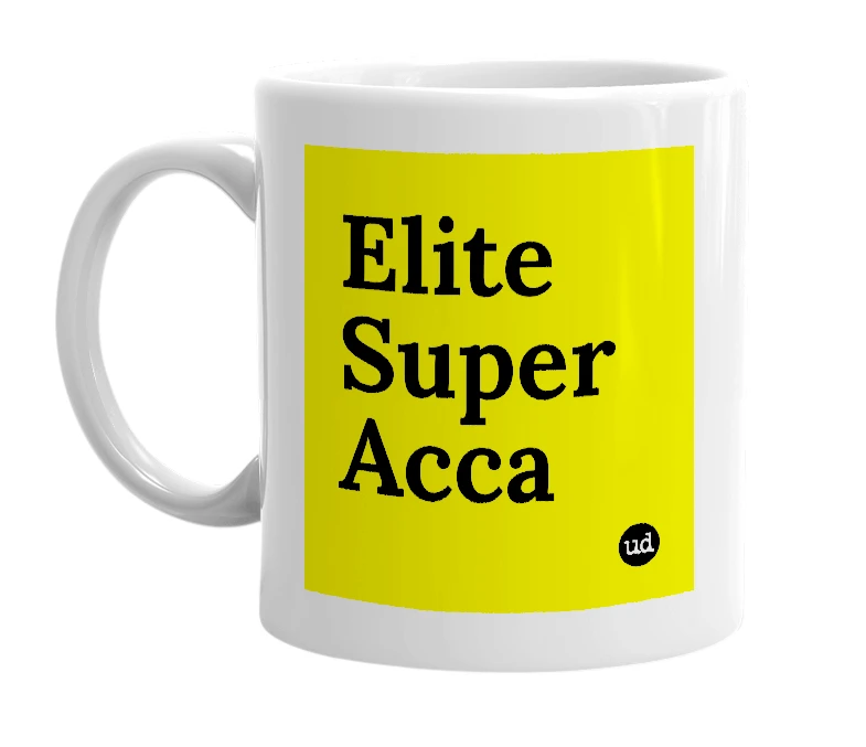 White mug with 'Elite Super Acca' in bold black letters