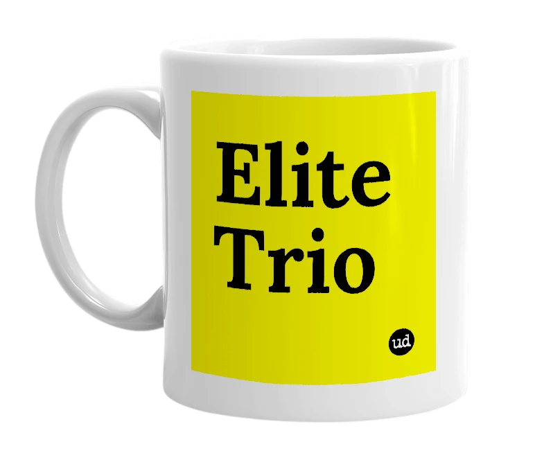 White mug with 'Elite Trio' in bold black letters