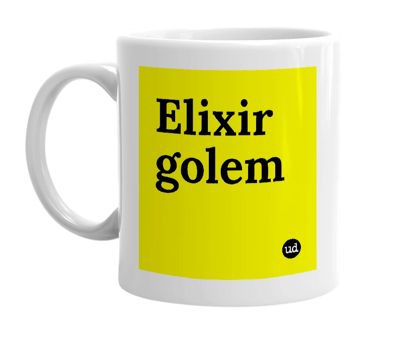 White mug with 'Elixir golem' in bold black letters