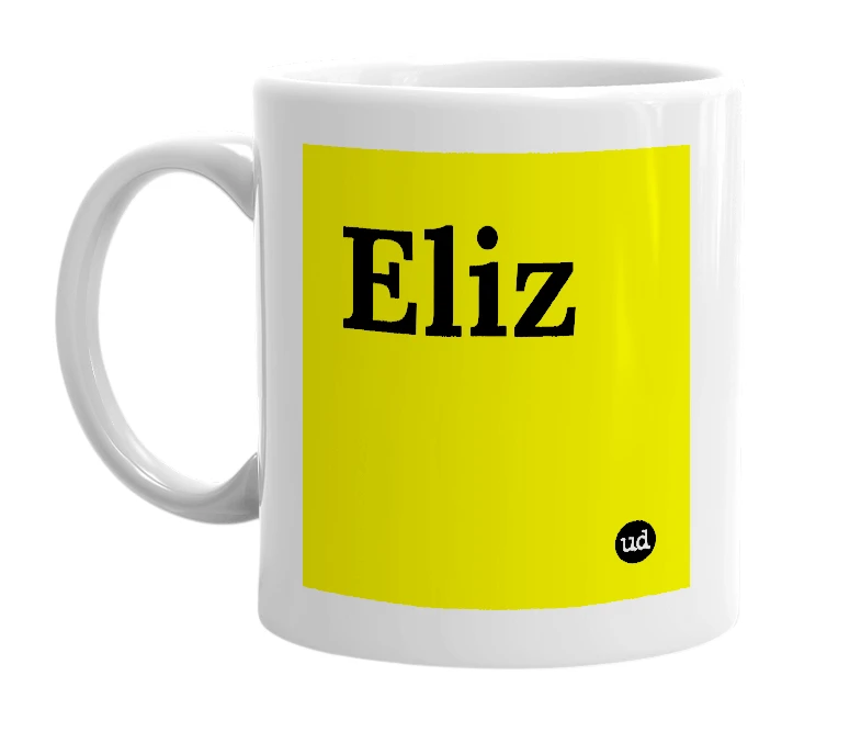 White mug with 'Eliz' in bold black letters