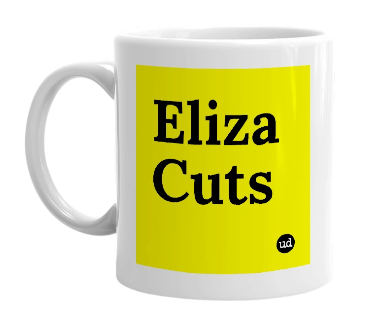 White mug with 'Eliza Cuts' in bold black letters