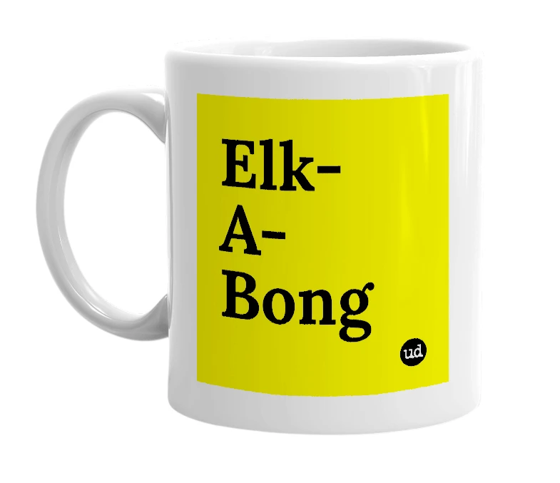 White mug with 'Elk-A-Bong' in bold black letters
