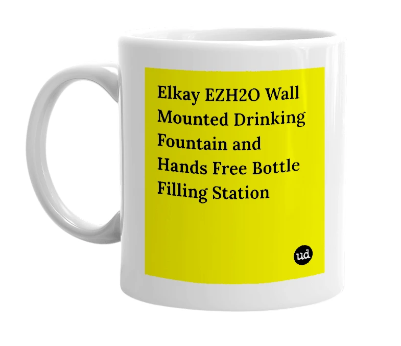 White mug with 'Elkay EZH2O Wall Mounted Drinking Fountain and Hands Free Bottle Filling Station' in bold black letters