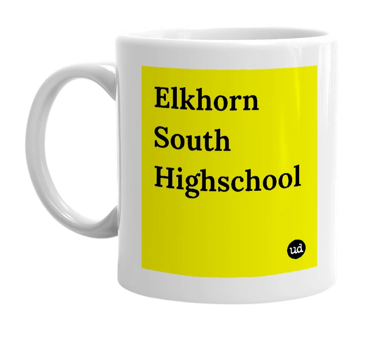 White mug with 'Elkhorn South Highschool' in bold black letters