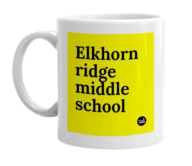 White mug with 'Elkhorn ridge middle school' in bold black letters