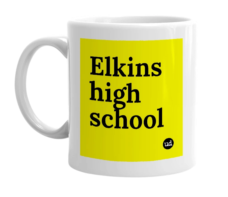 White mug with 'Elkins high school' in bold black letters