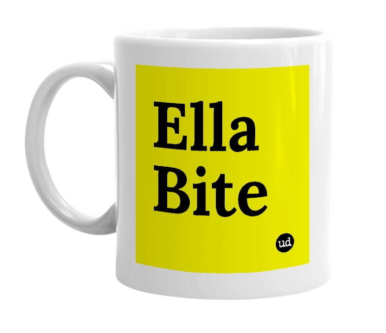 White mug with 'Ella Bite' in bold black letters