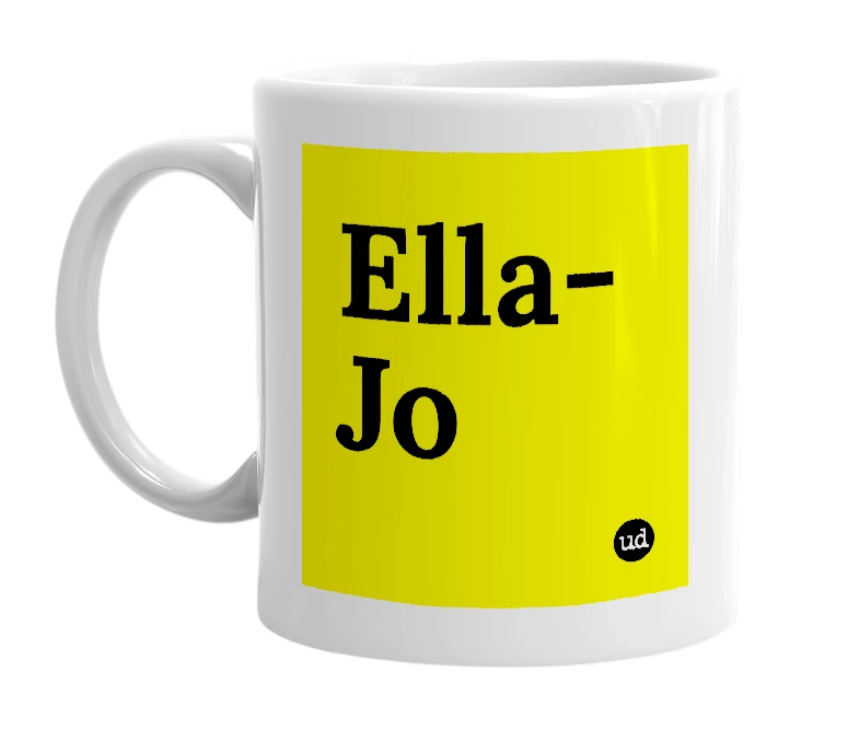 White mug with 'Ella-Jo' in bold black letters