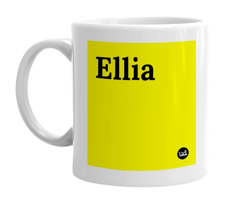 White mug with 'Ellia' in bold black letters