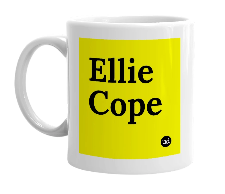 White mug with 'Ellie Cope' in bold black letters