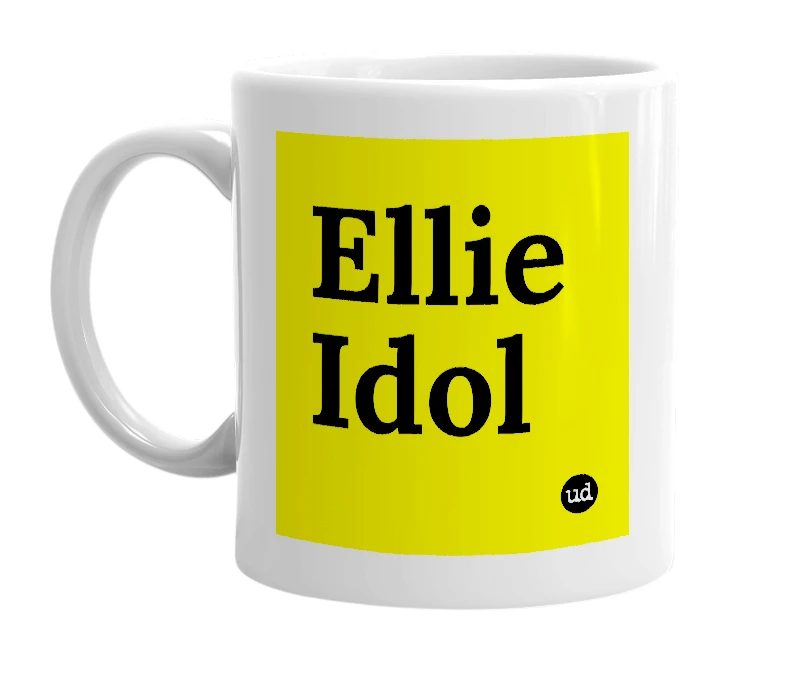 White mug with 'Ellie Idol' in bold black letters