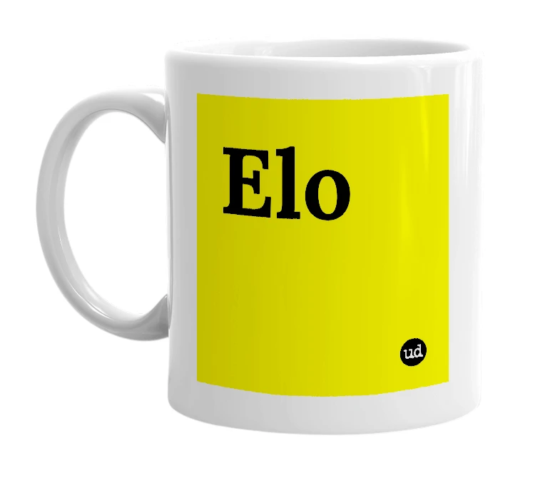 White mug with 'Elo' in bold black letters
