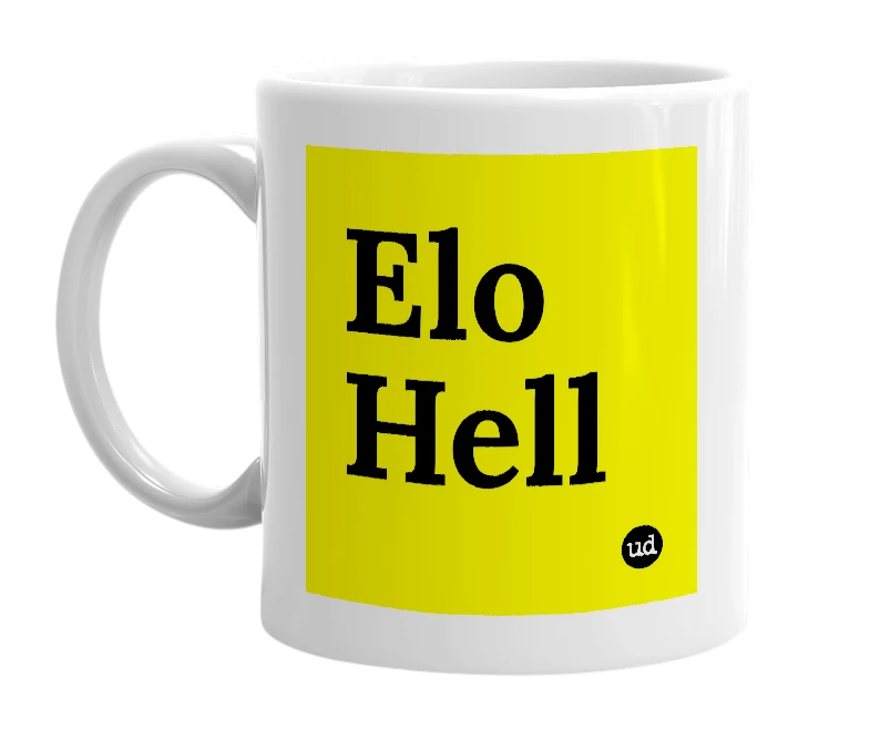 White mug with 'Elo Hell' in bold black letters