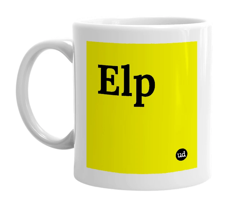 White mug with 'Elp' in bold black letters