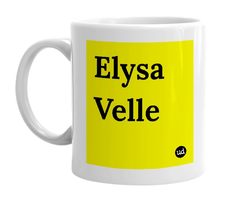 White mug with 'Elysa Velle' in bold black letters