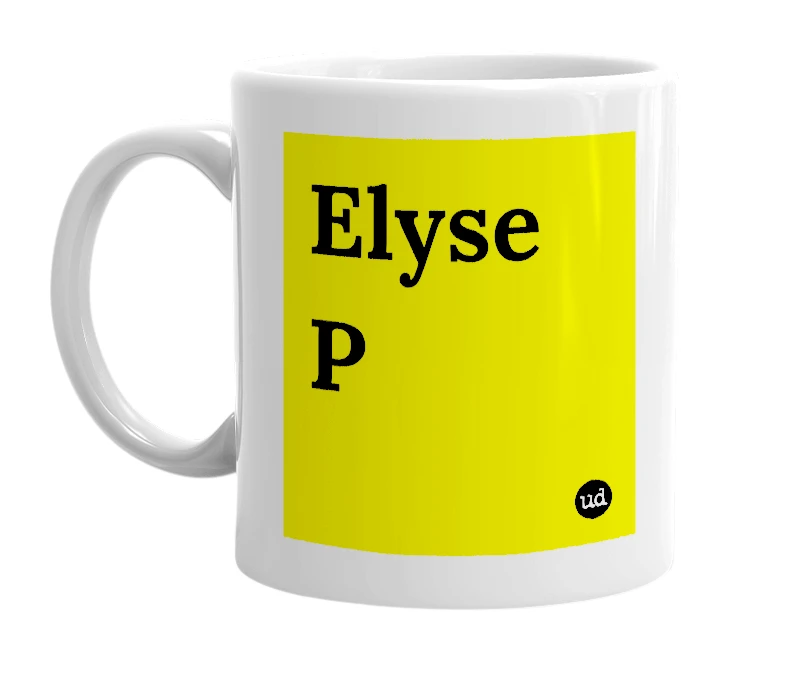 White mug with 'Elyse P' in bold black letters