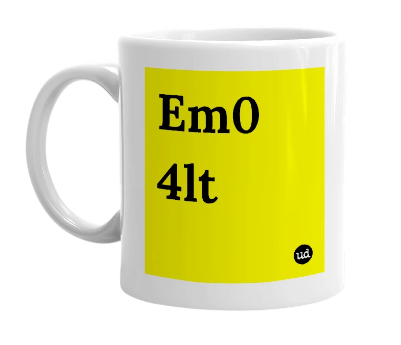 White mug with 'Em0 4lt' in bold black letters