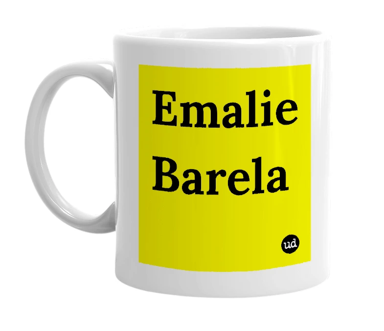 White mug with 'Emalie Barela' in bold black letters