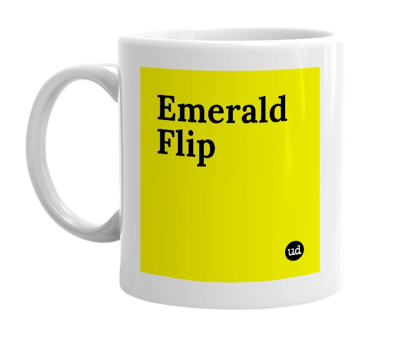 White mug with 'Emerald Flip' in bold black letters