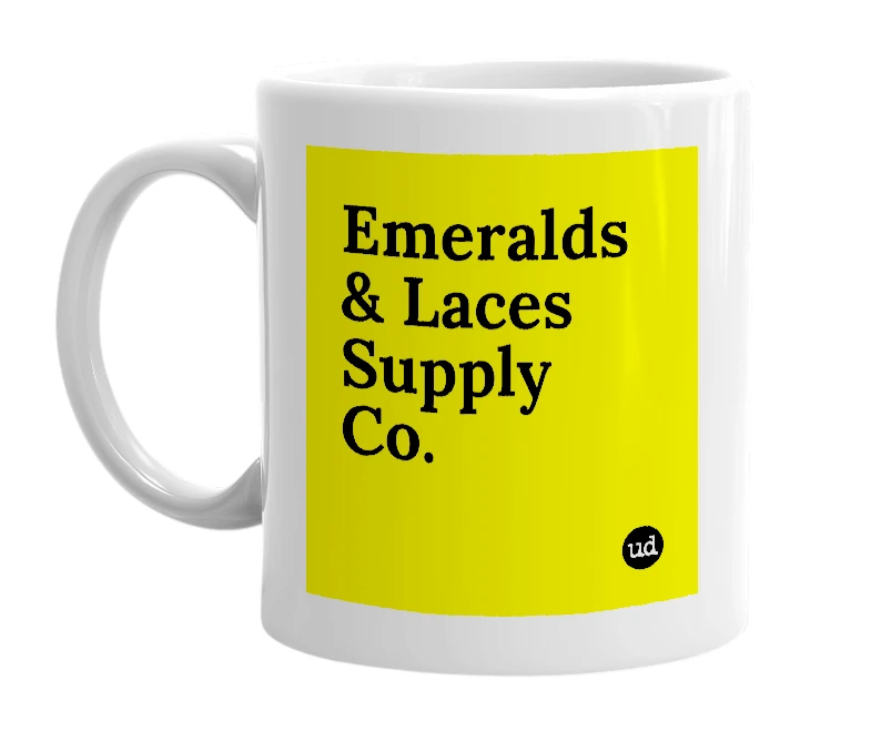 White mug with 'Emeralds & Laces Supply Co.' in bold black letters