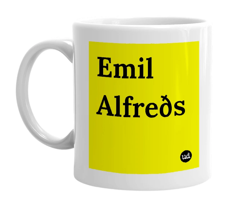 White mug with 'Emil Alfreðs' in bold black letters