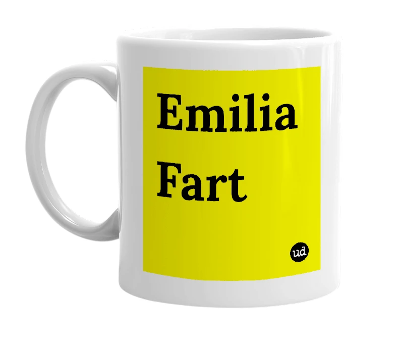 White mug with 'Emilia Fart' in bold black letters