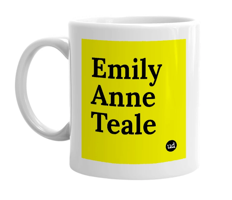 White mug with 'Emily Anne Teale' in bold black letters