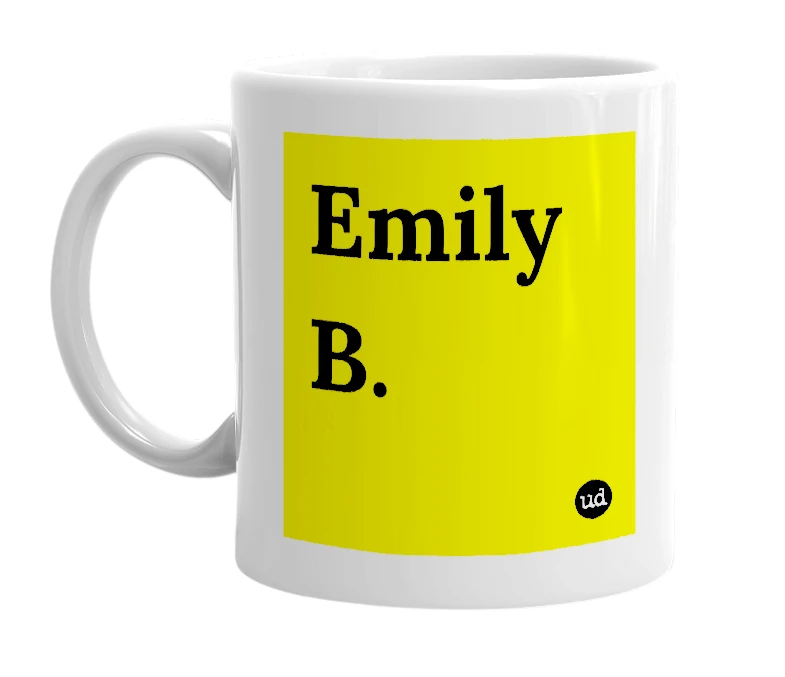 White mug with 'Emily B.' in bold black letters