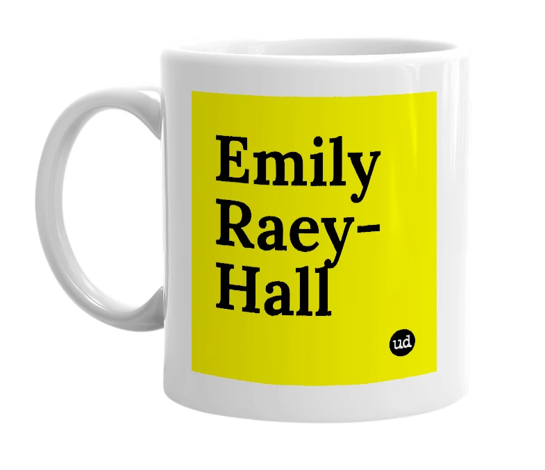 White mug with 'Emily Raey-Hall' in bold black letters
