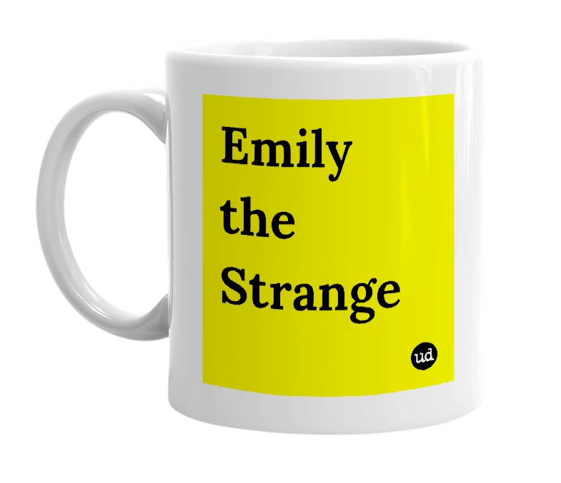 White mug with 'Emily the Strange' in bold black letters