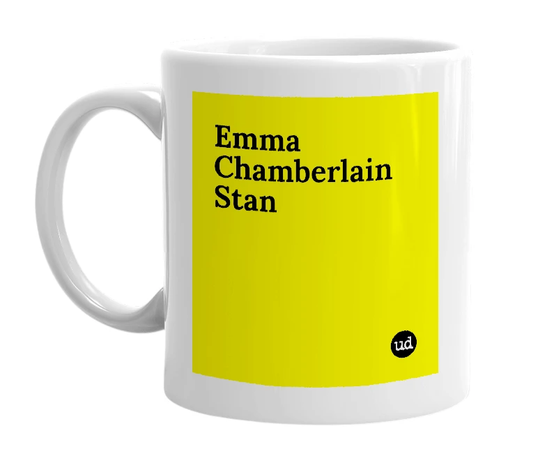 White mug with 'Emma Chamberlain Stan' in bold black letters