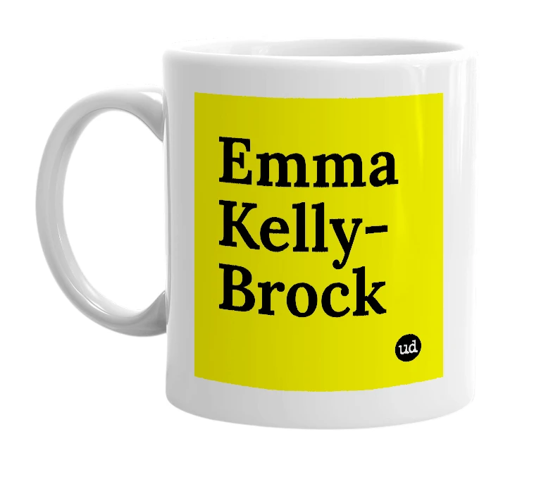 White mug with 'Emma Kelly-Brock' in bold black letters