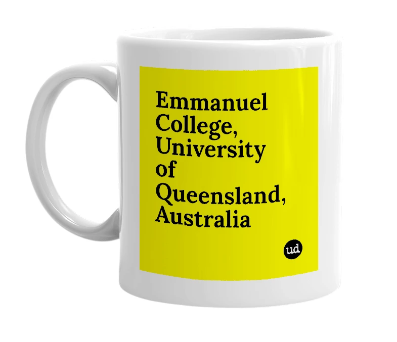 White mug with 'Emmanuel College, University of Queensland, Australia' in bold black letters